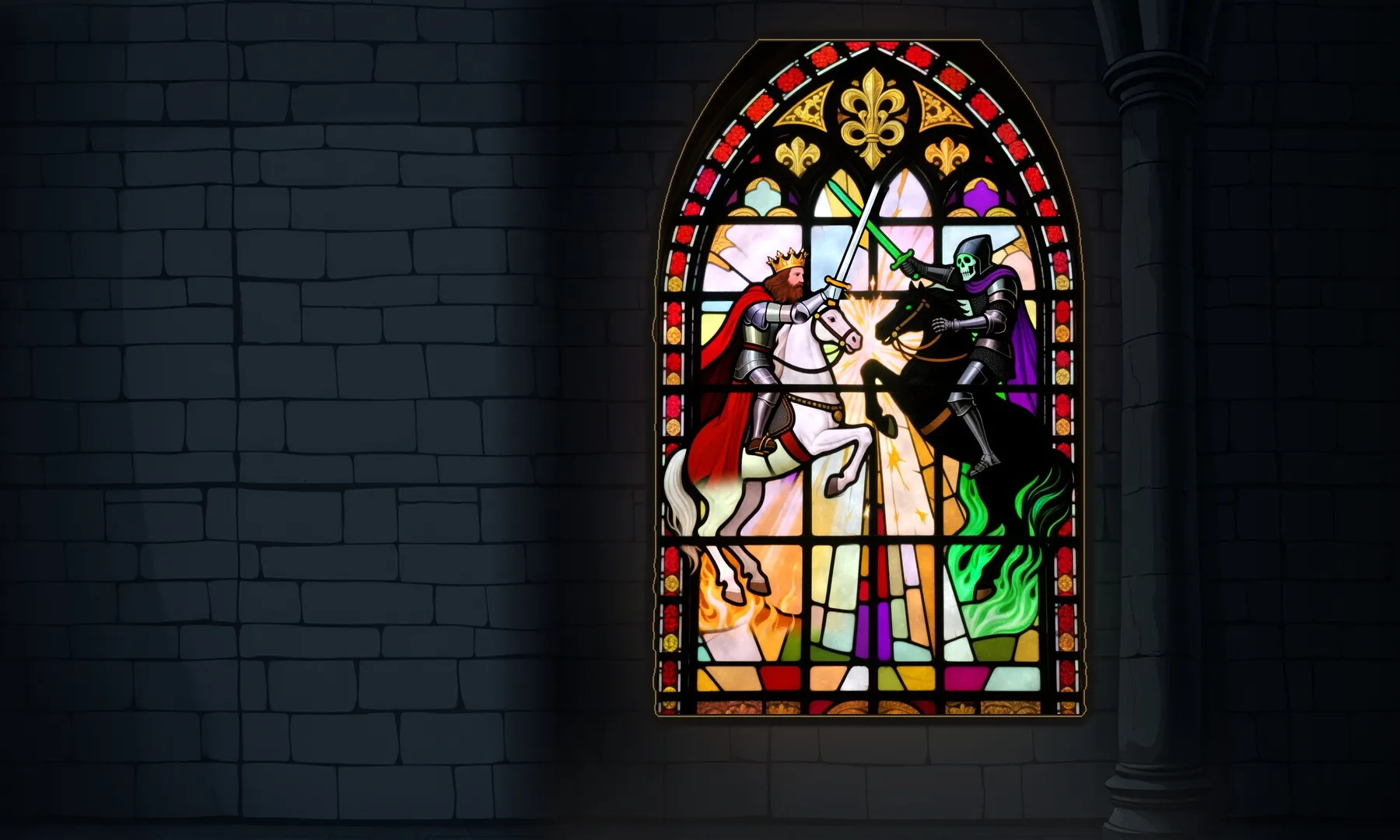Key art: the stained-glass window of the Warlord and the Death Knight in a dark stone hall