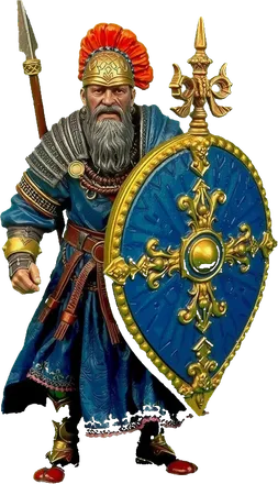 Shield wall veteran with spear and round shield